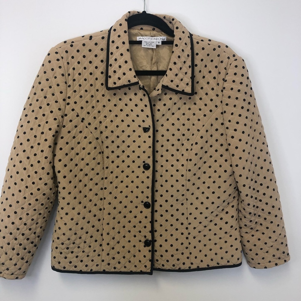 Maggy London Cream/Black Polka Dot Quilted 100% Silk LinedBlazer Jacket Large